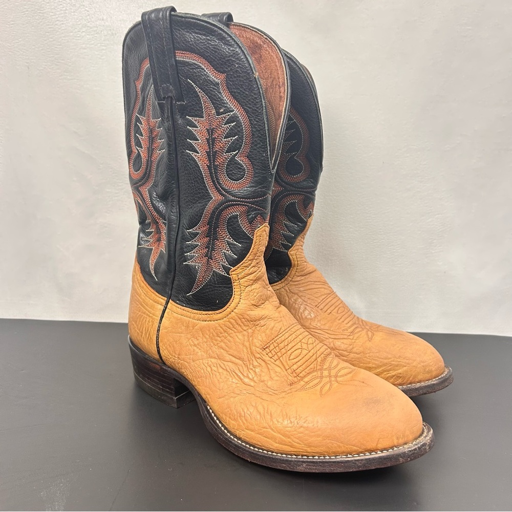 Tony Lama Women's Cowboy Brown And Black Leather Boots Size 7 EE (wide)